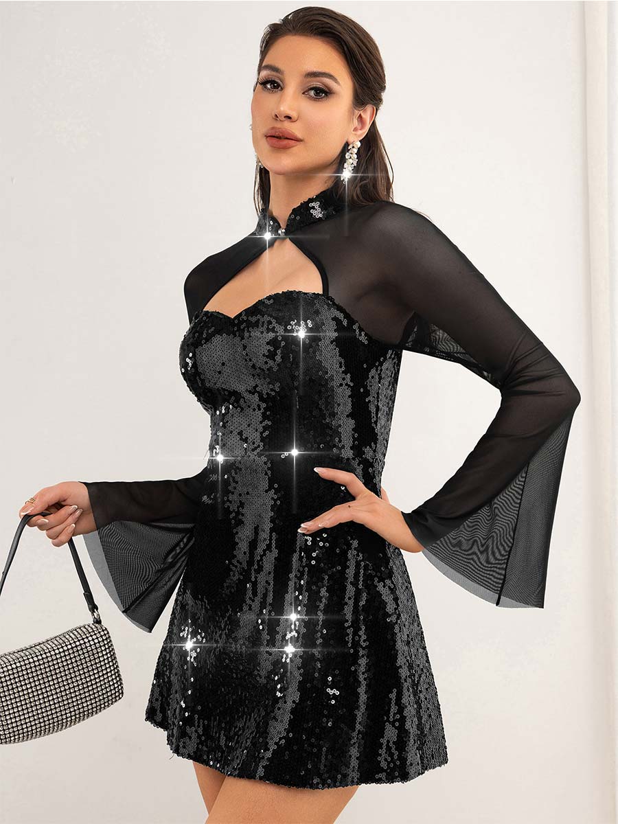 Sequin and Mesh Detail Tube Top Dress with Flared Sleeves