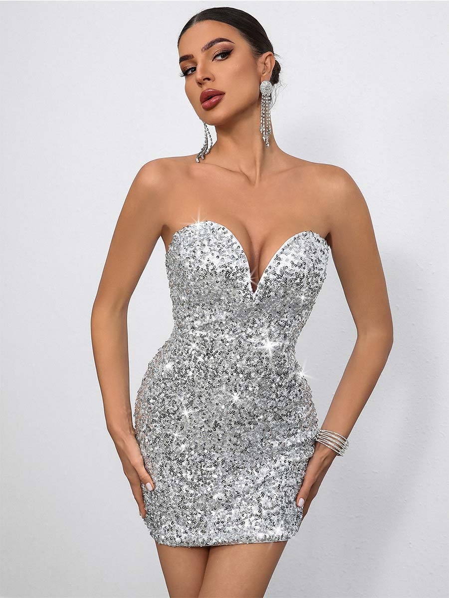 Deep V-Neck Sexy Strapless Sequin Bodycon Party Mini Dress