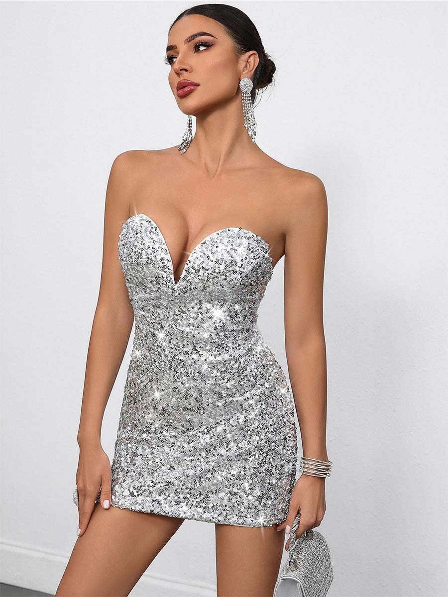Bodycon Sequin Party Mini Dress - Sexy Deep V-Neck Strapless