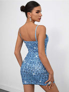 Sexy Blue Sequin Bodycon Mini Dress - Spaghetti Strap