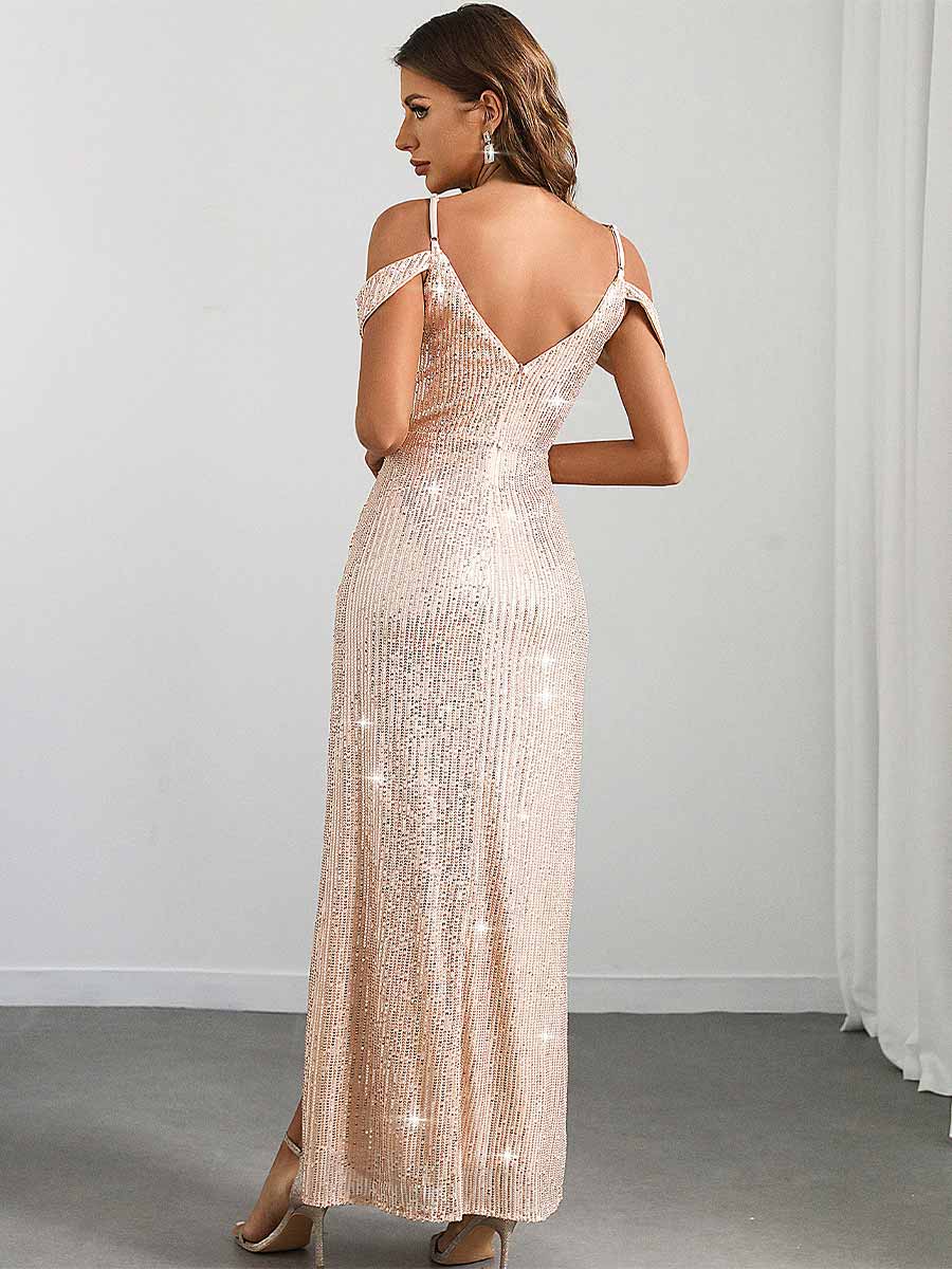 Party Gown - Sequin, Flutter Sleeve, Slit, Spaghetti Strap