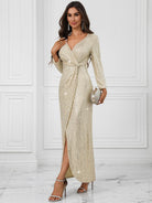 Deep V-Neck Wrap Sequin Long-Sleeve Maxi Dress