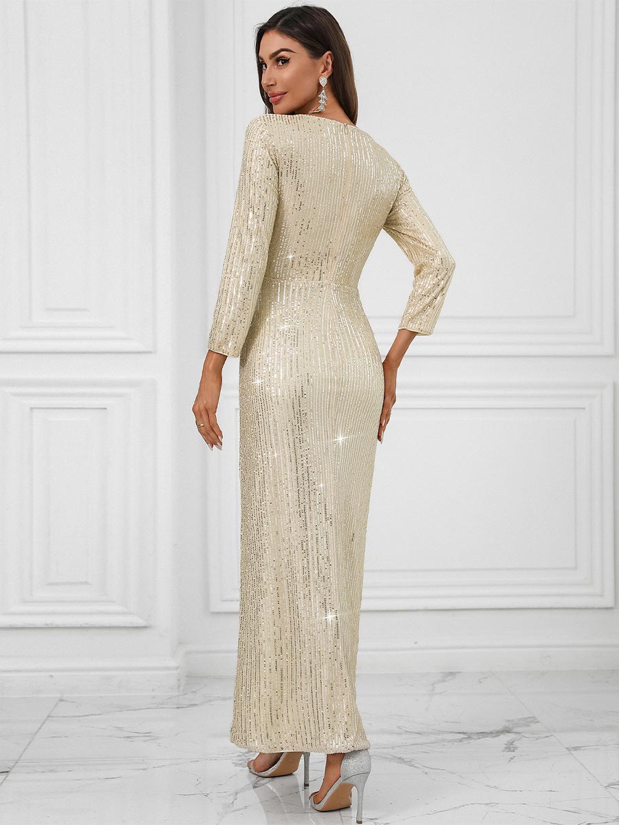 Plunging V-Neck Wrap Sequin Long-Sleeve Maxi Dress