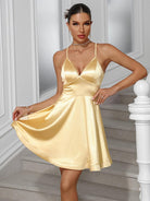 Elegant Gold Reflective Mini Dress - Deep V-Neck Slip