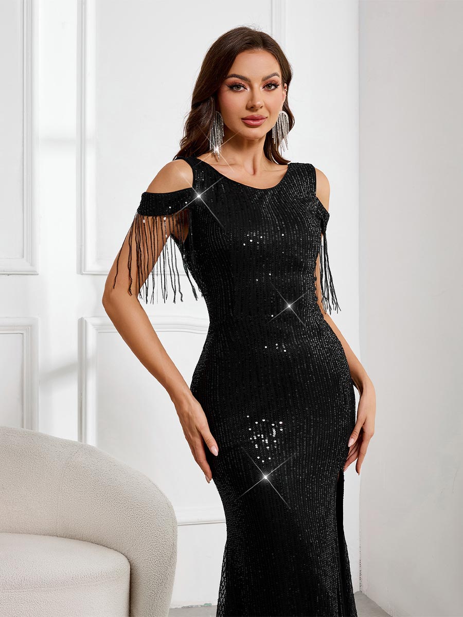 Maxi Dress with Sequins, Flowing Long Sleeves, and High Slit