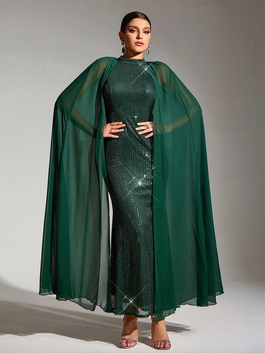 Green Sequin Maxi Party Dress with Cape Sleeves and Round Neck