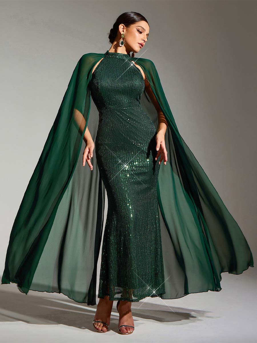 Cape Sleeve Green Sequin Round Neck Maxi Party Dress