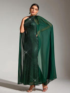 Round Neck Green Sequin Maxi Dress with Cape Sleeves for Parties