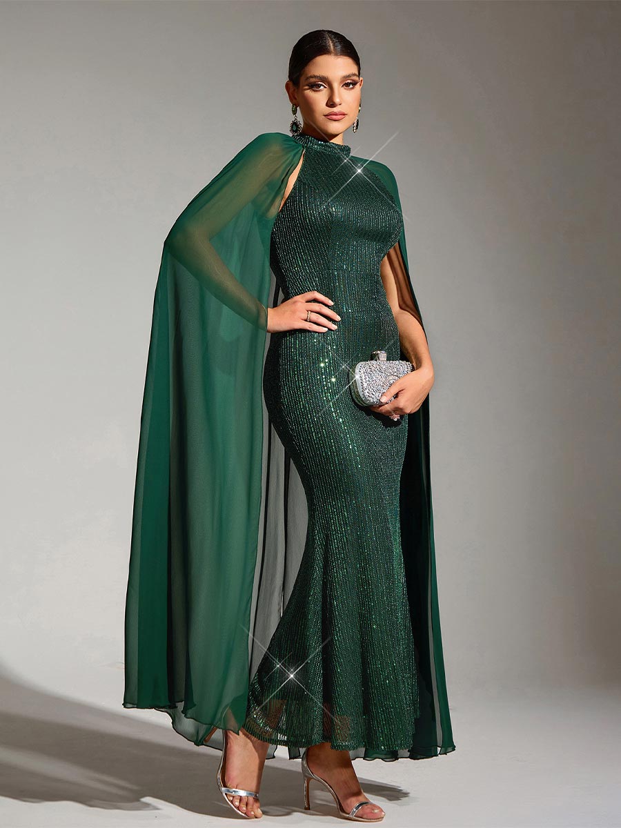 Party Maxi Dress - Green Sequin, Cape Sleeve, Round Neck