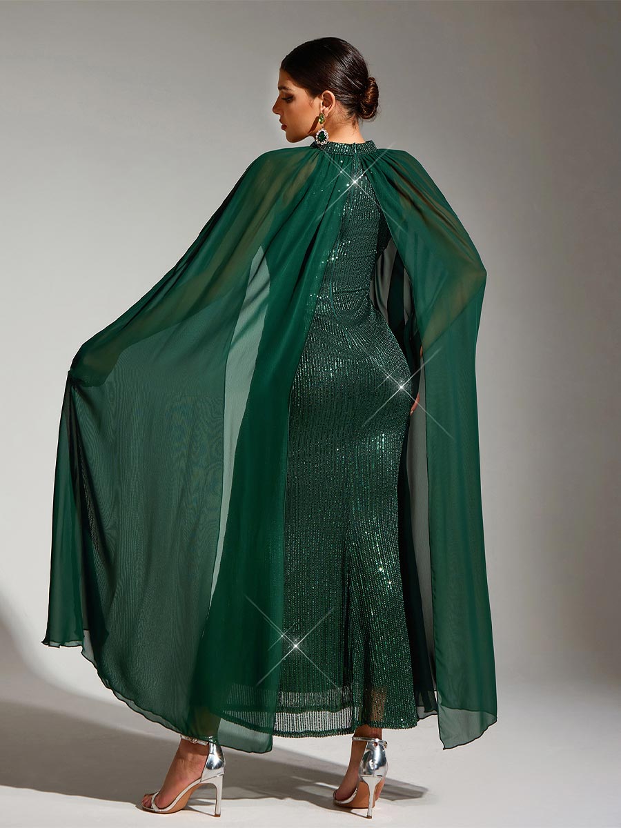 Round Neck Cape Sleeve Green Sequin Party Maxi Gown