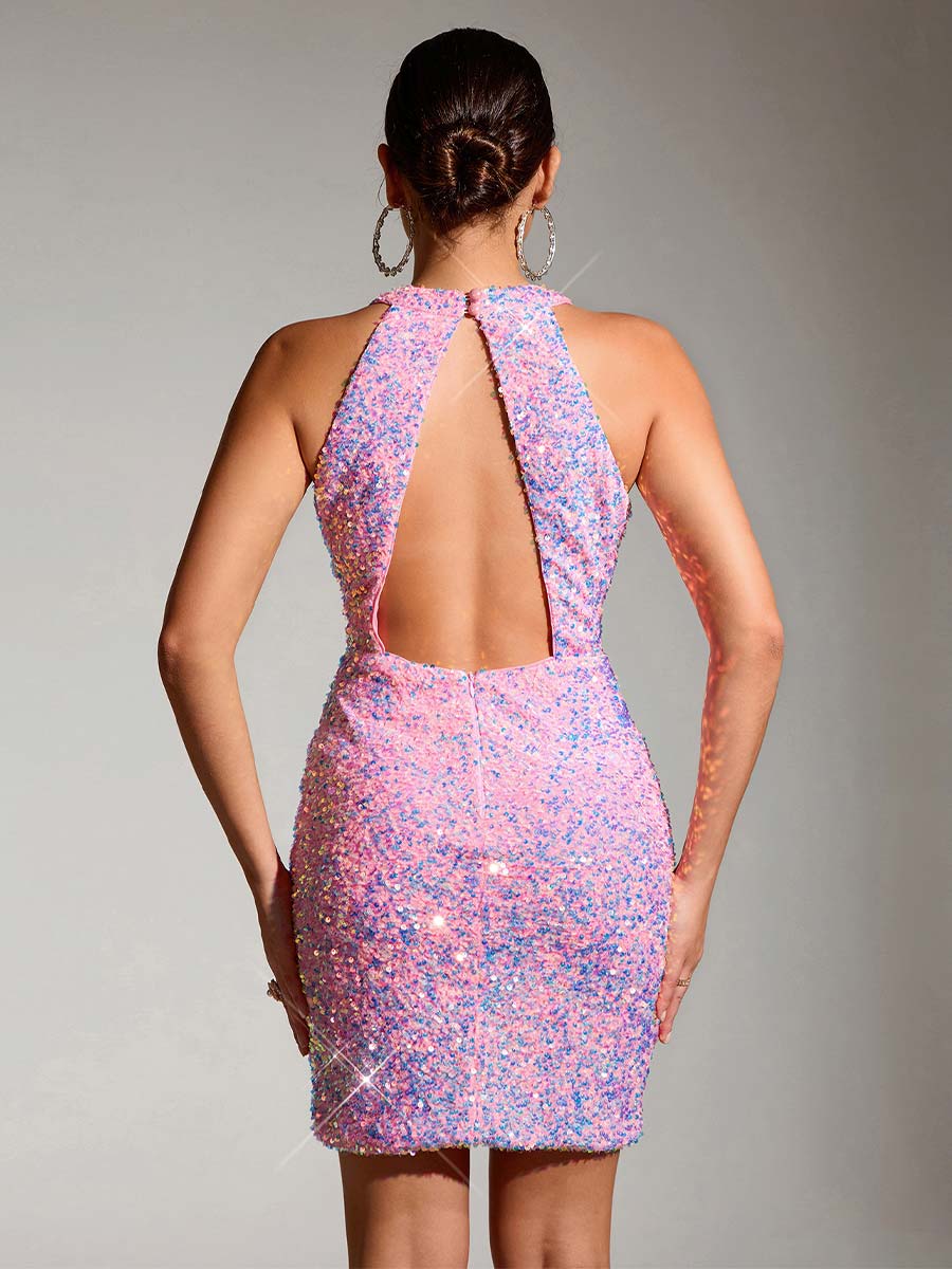 Mini Dress - Pink Sequin, Round Neck, Sleeveless Bodycon