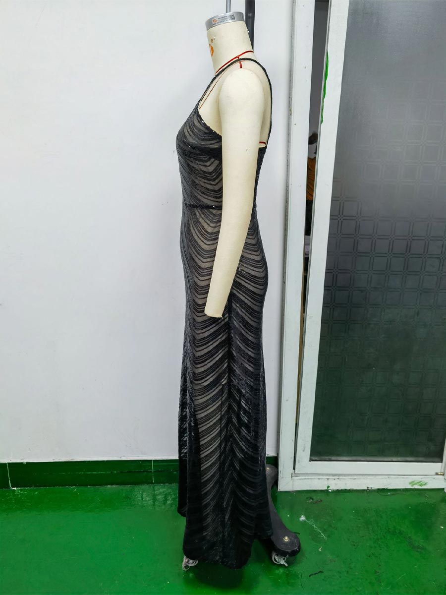 Elegant Black Sequin Strapless Party Maxi Gown with Slip