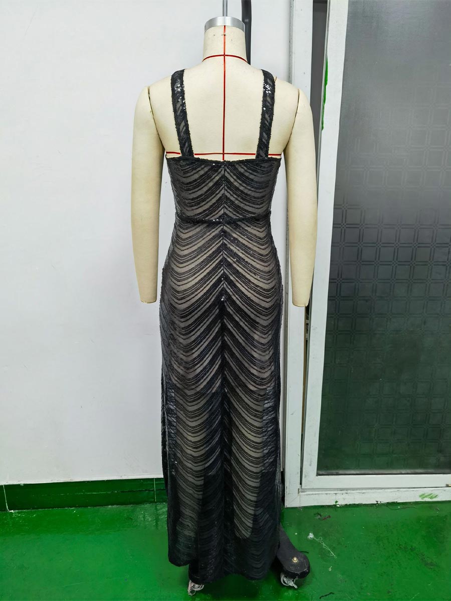 Sparkling Black Maxi Gown - Sequin, Strapless Slip, Party