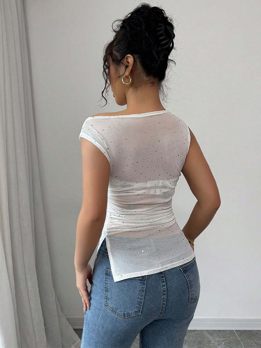 Ruched Hem Summer Top with Sequin Asymmetrical Neck