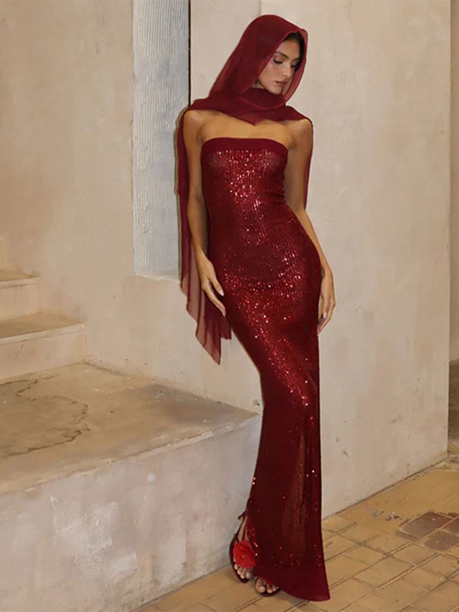 Sequin Slim-Fit Strapless Backless Gown with Slit
