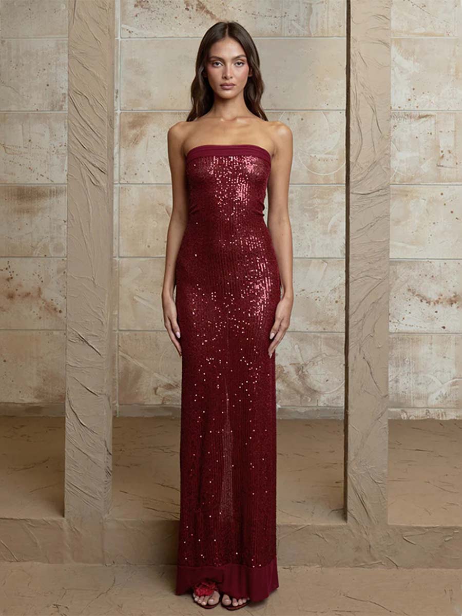 Strapless Slim-Fit Sequin Backless Gown with Slit