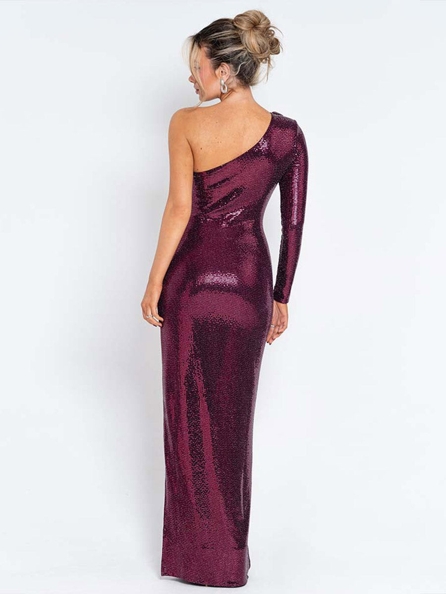 One-Shoulder Sequin Slim-Fit Gown for Evening