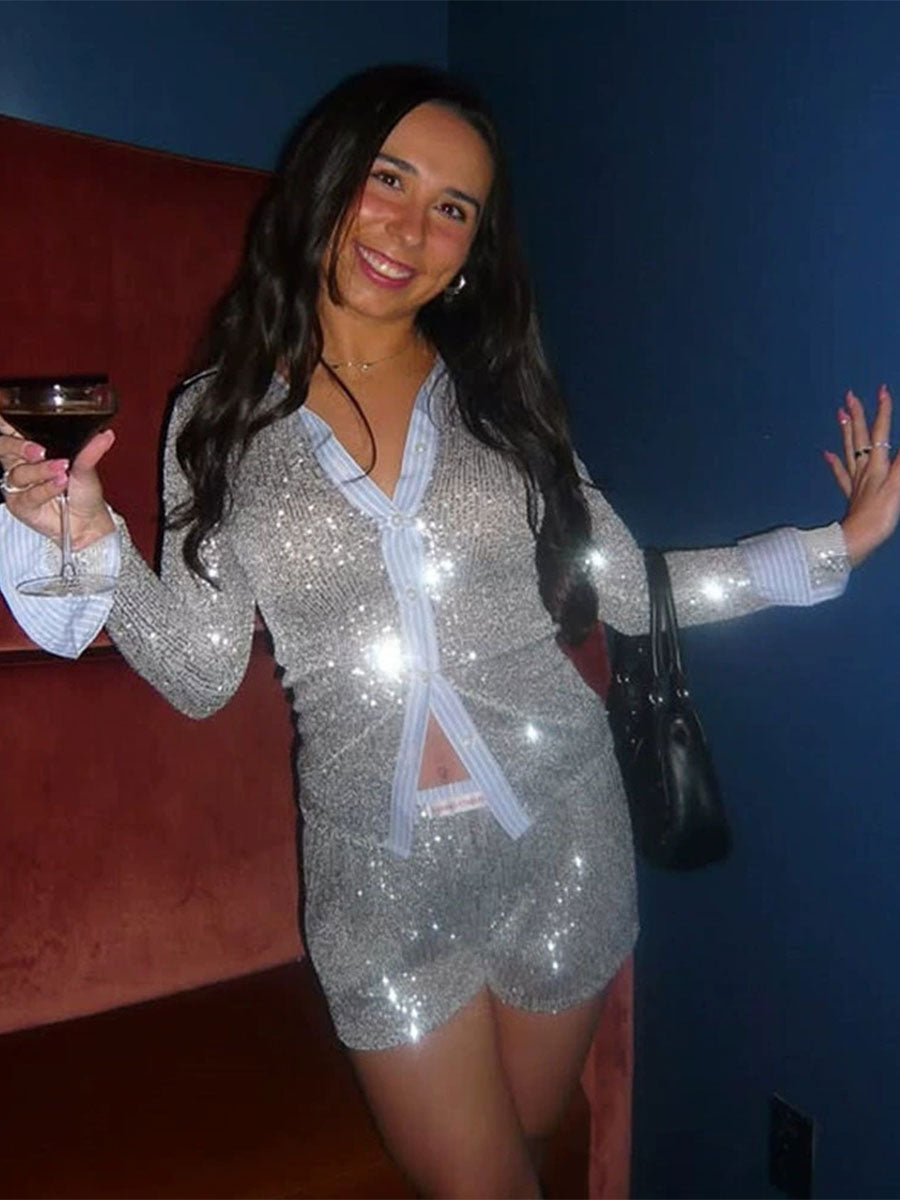 Slim Shorts and Sequin Shirt Summer Casual Set