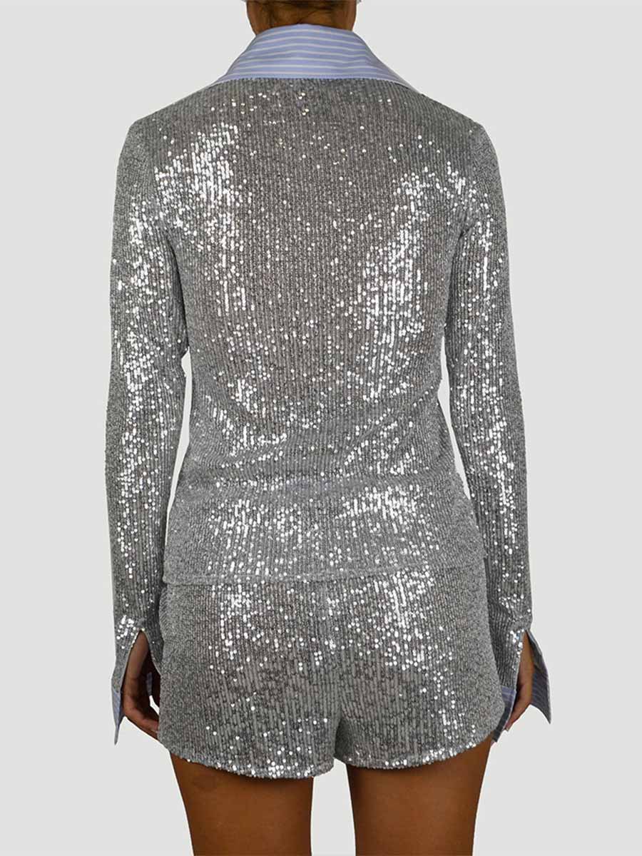 Sparkling Sequin Shirt and Fitted Shorts Summer Casual Set