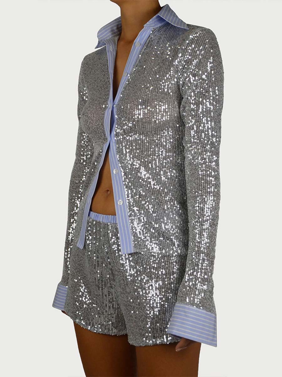 Casual Summer Outfit - Sequin Top and Slim Shorts