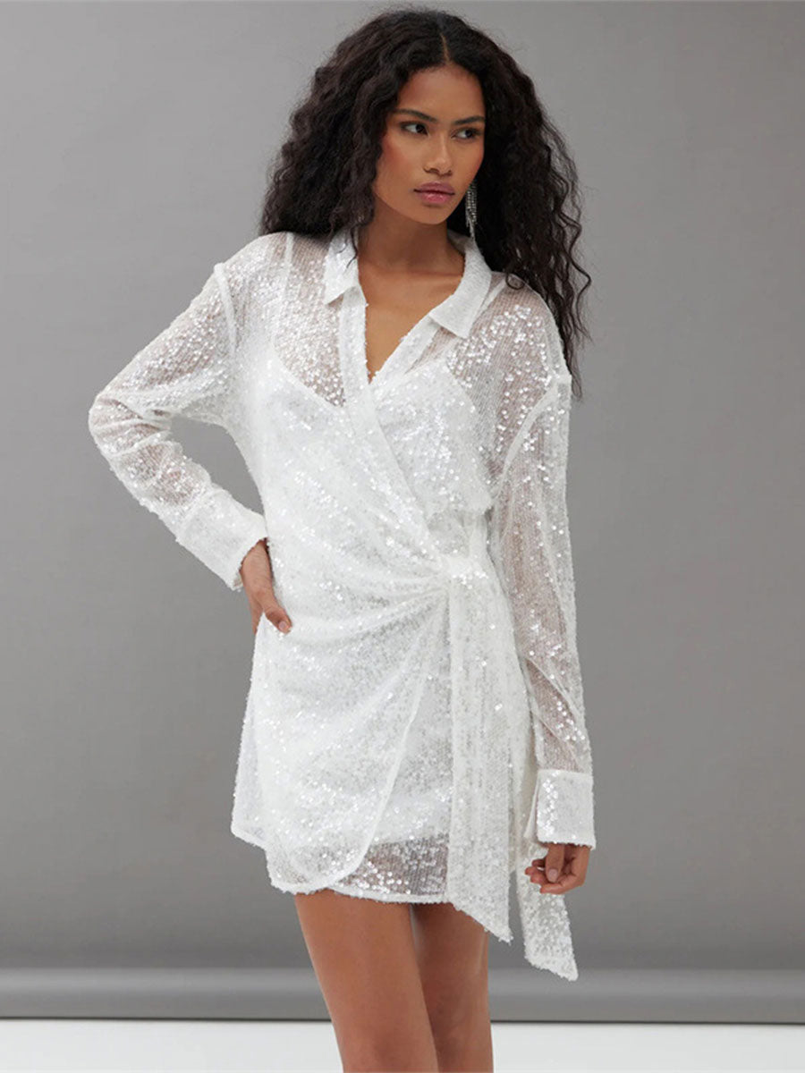 Mesh Lapel Sequin Loose Tie-Waist Mini Dress