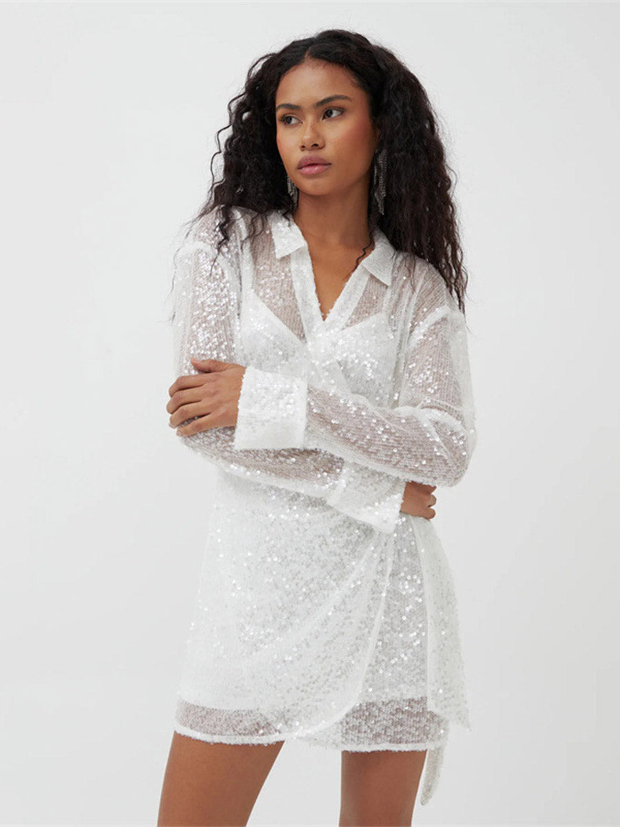 Tie-Waist Sequin Mesh Lapel Loose Mini Dress