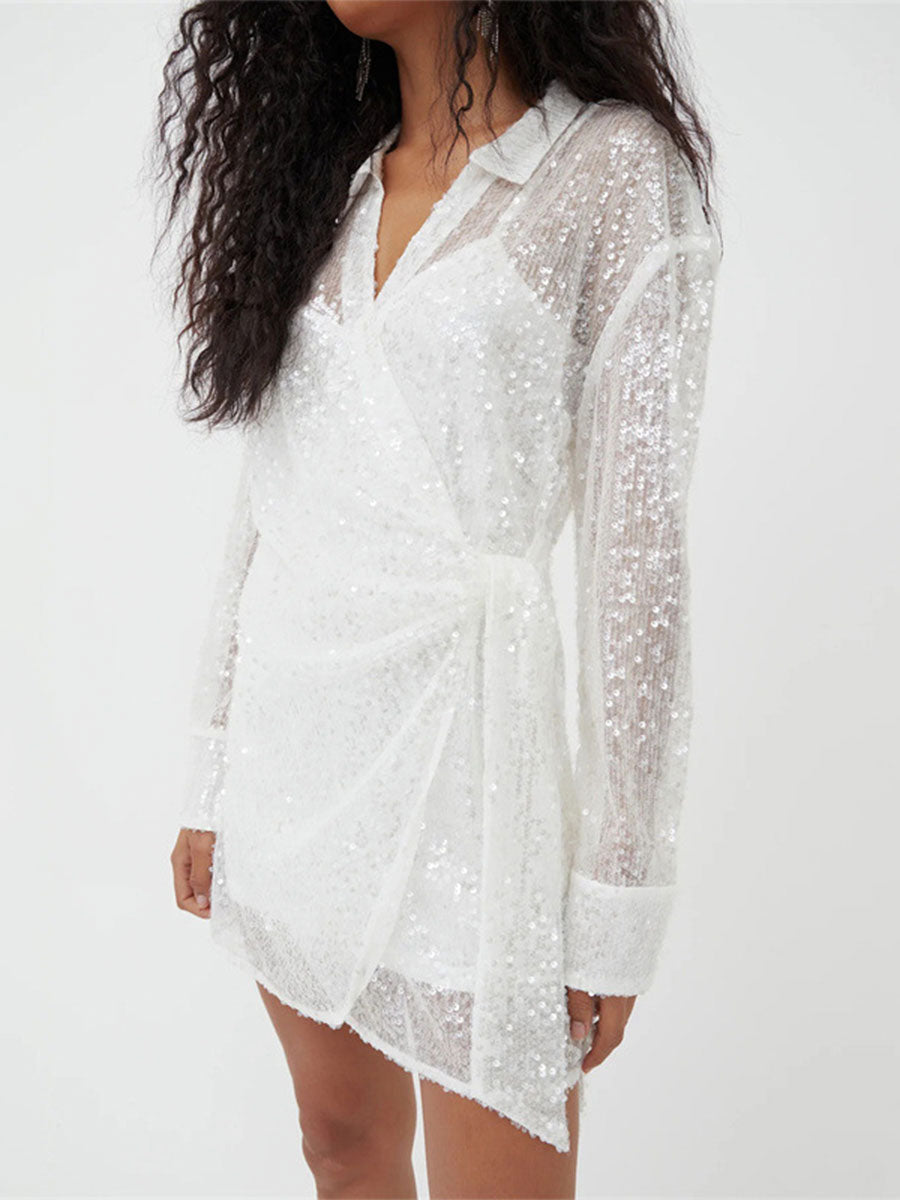 Loose Fit Mini Dress with Sequin Mesh Lapel and Tie-Waist