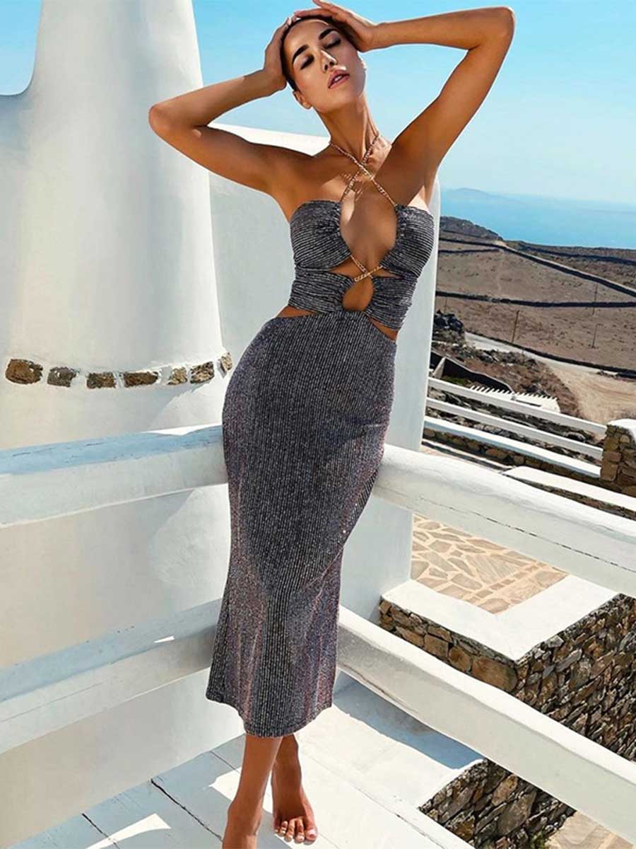 Sequin Slim-Fit Halter Cutout Backless A-Line Dress