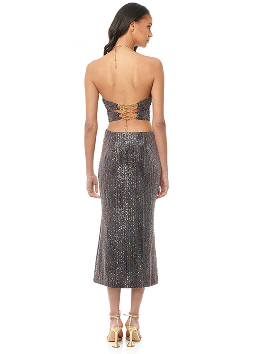 Sparkling Halter Sequin A-Line Dress - Slim-Fit Cutout Backless