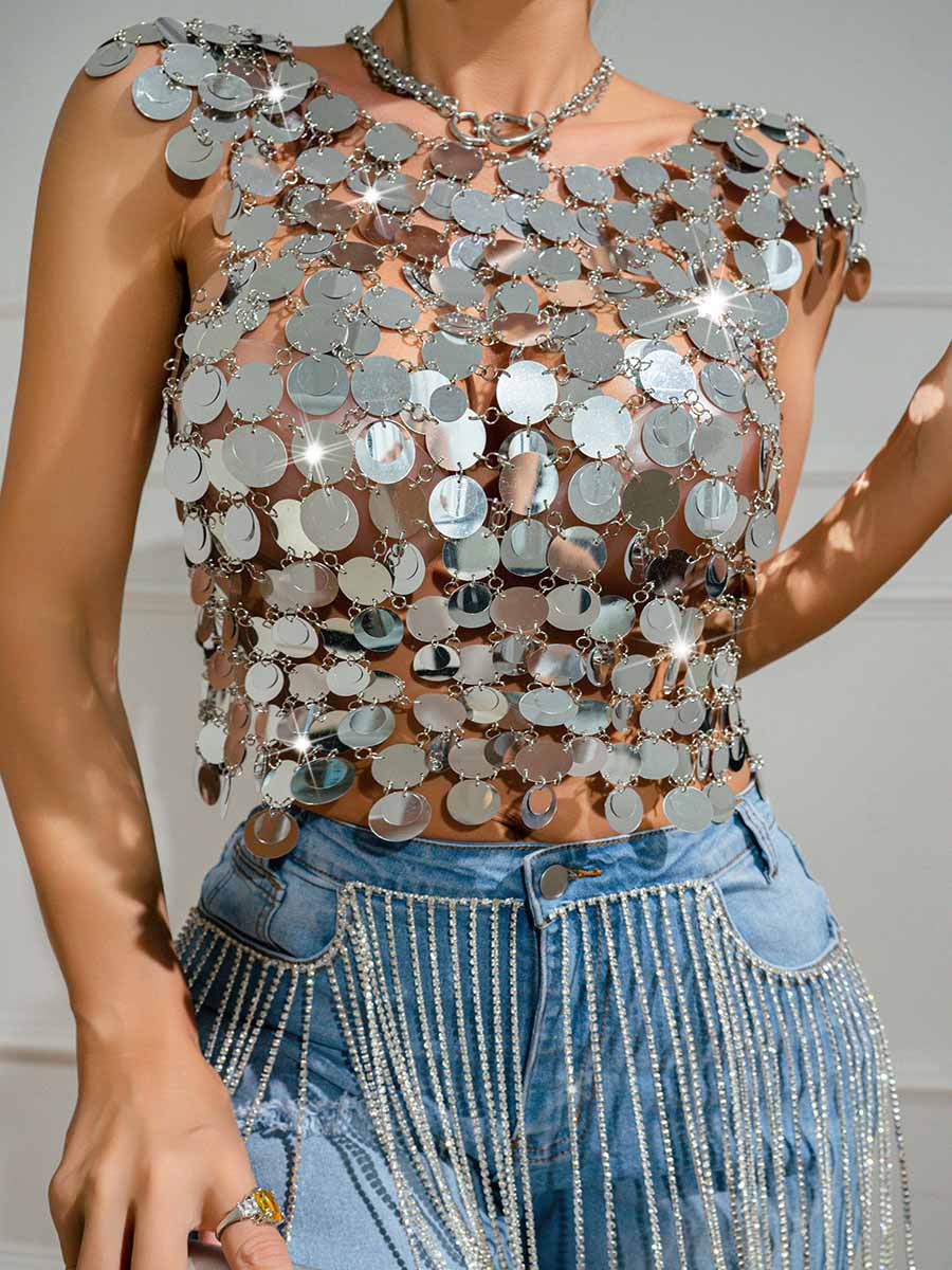 Chainmail Silver Sequin Patchwork Tank Top