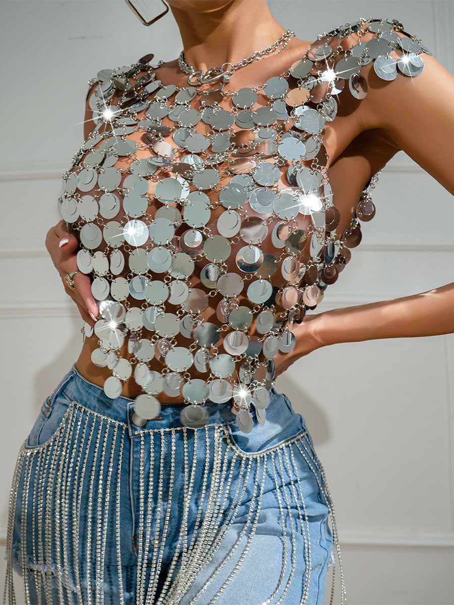 Patchwork Silver Sequin Chainmail Tank Top