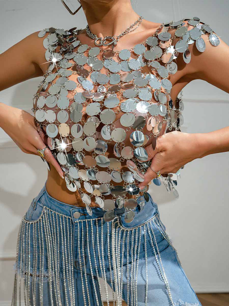 Sequin Chainmail Silver Patchwork Tank Top