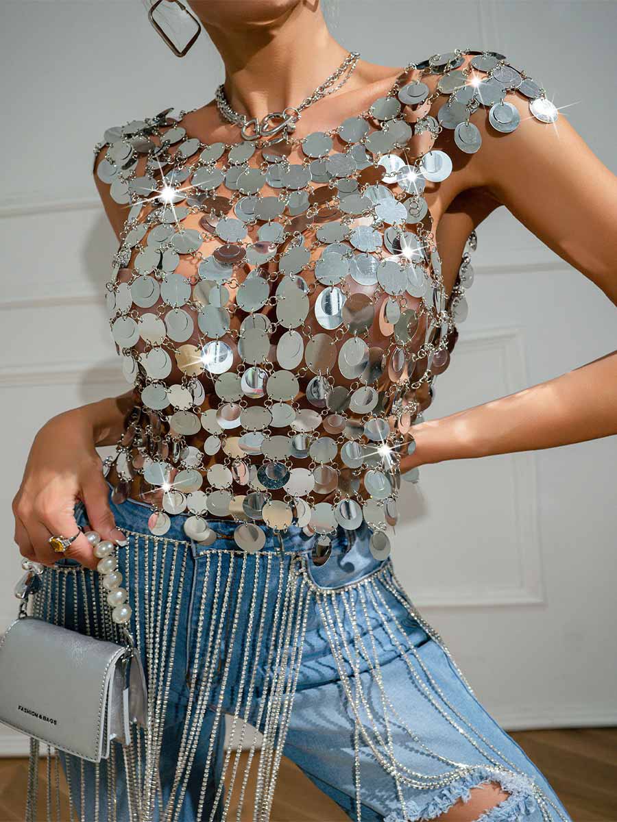Patchwork Tank Top - Silver Sequin Chainmail Design