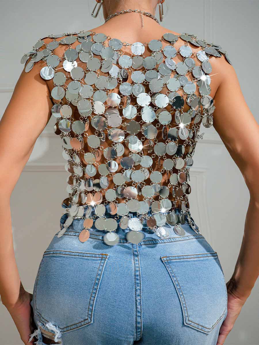 Sparkling Silver Tank Top with Sequin Chainmail Patchwork