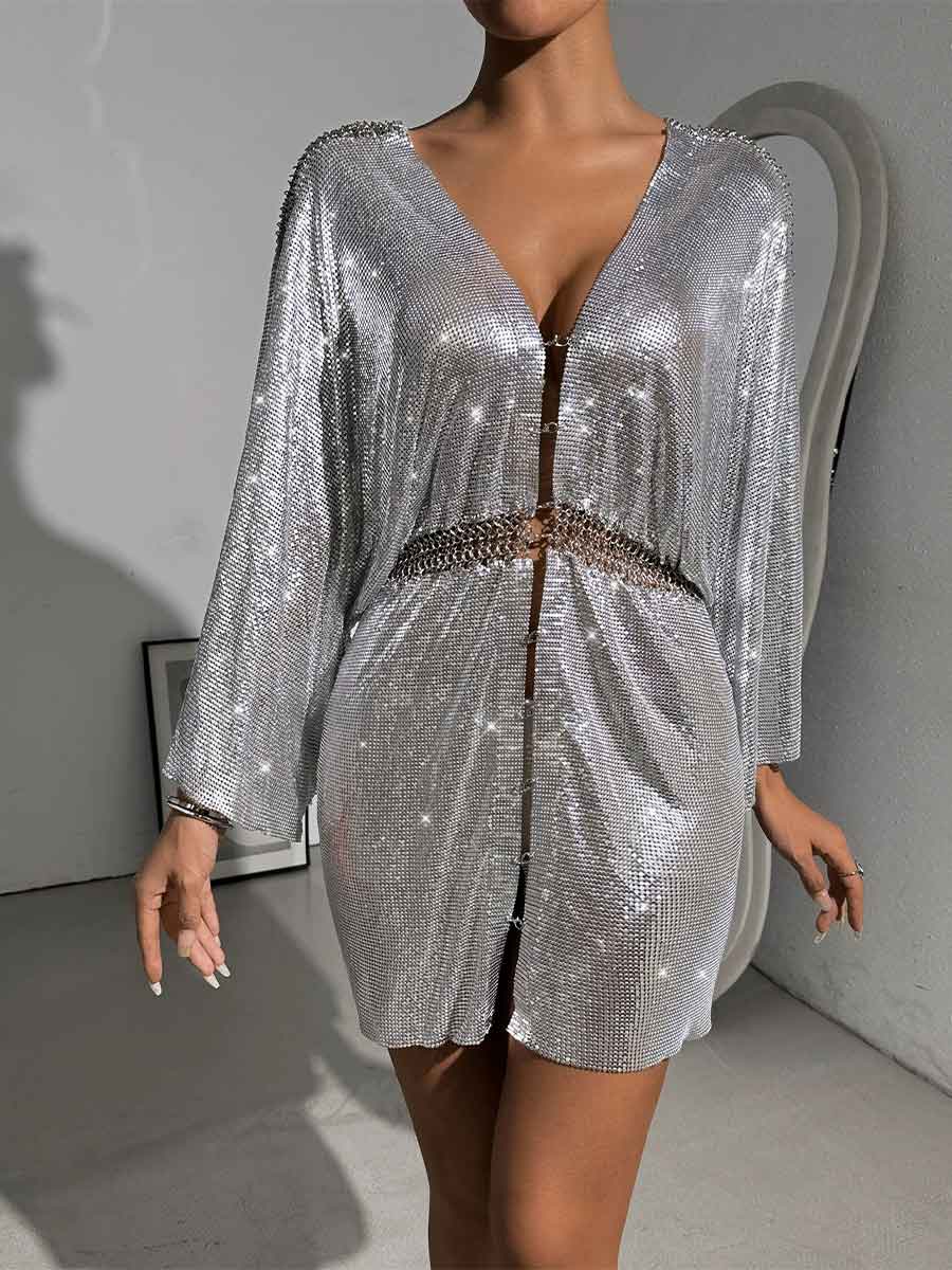 Metallic Sequin Loose V-Neck Dress