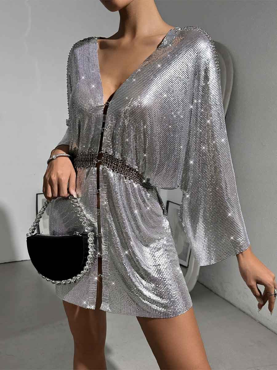 V-Neck Loose Metallic Sequin Dress