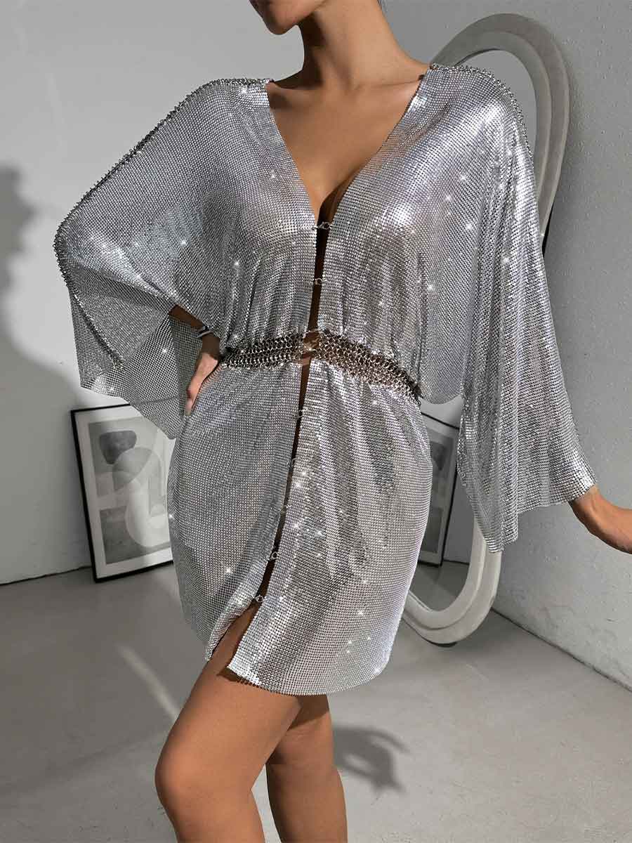 Loose Fit Metallic Sequin V-Neck Dress