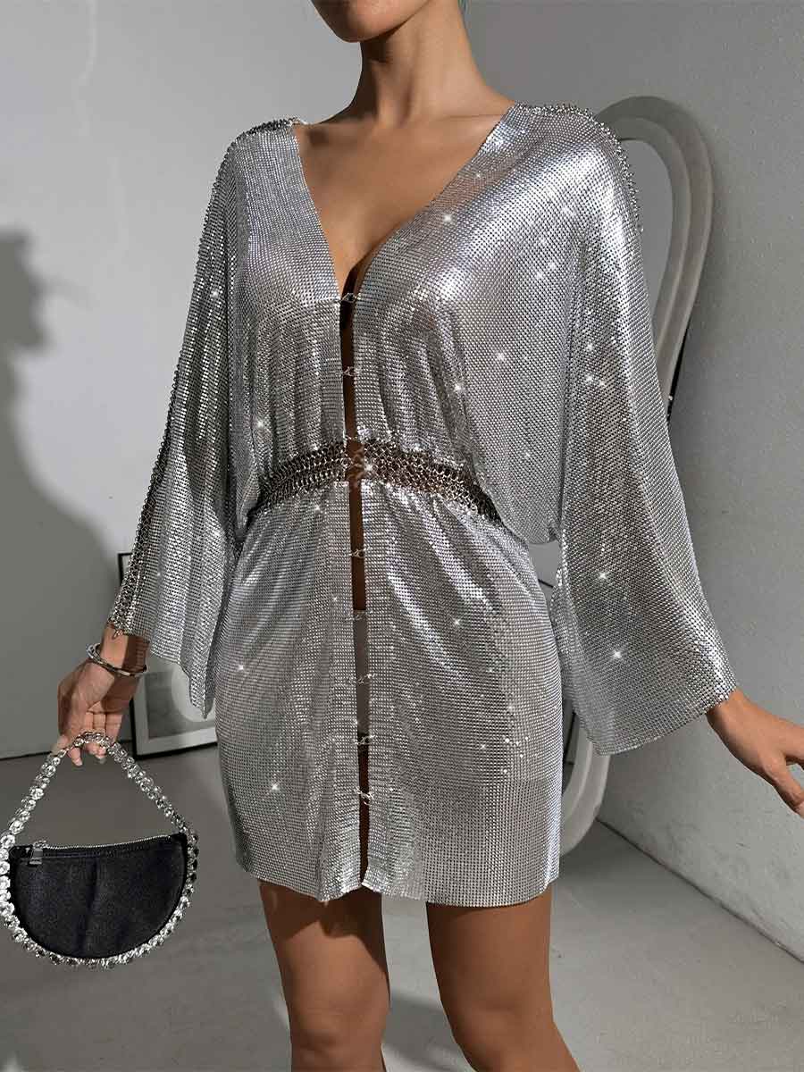 Sequin Loose Metallic V-Neck Dress