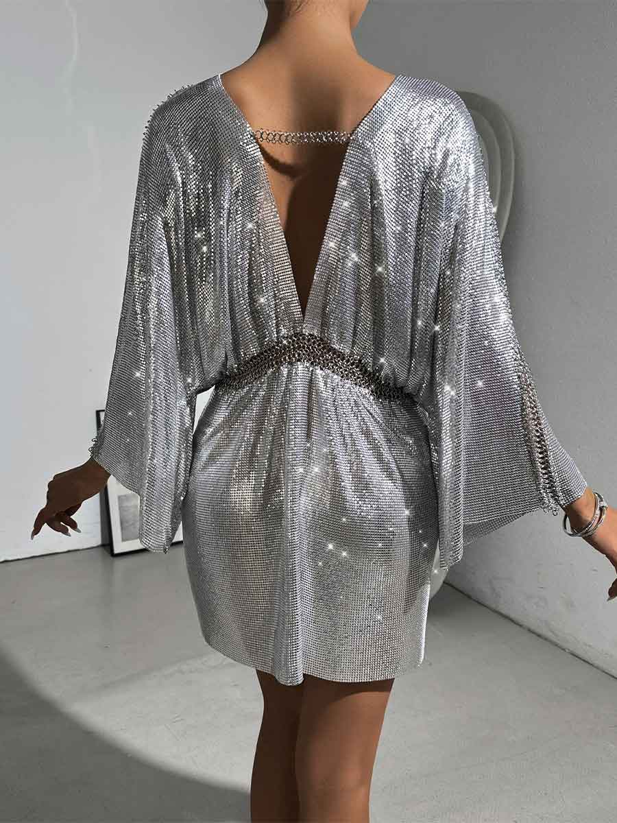 Relaxed Fit Metallic Sequin Dress with V-Neck