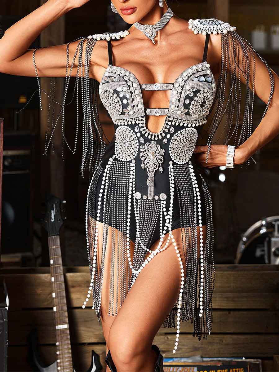 Cut-Out Rhinestone Fringe Bodysuit (Luxury)