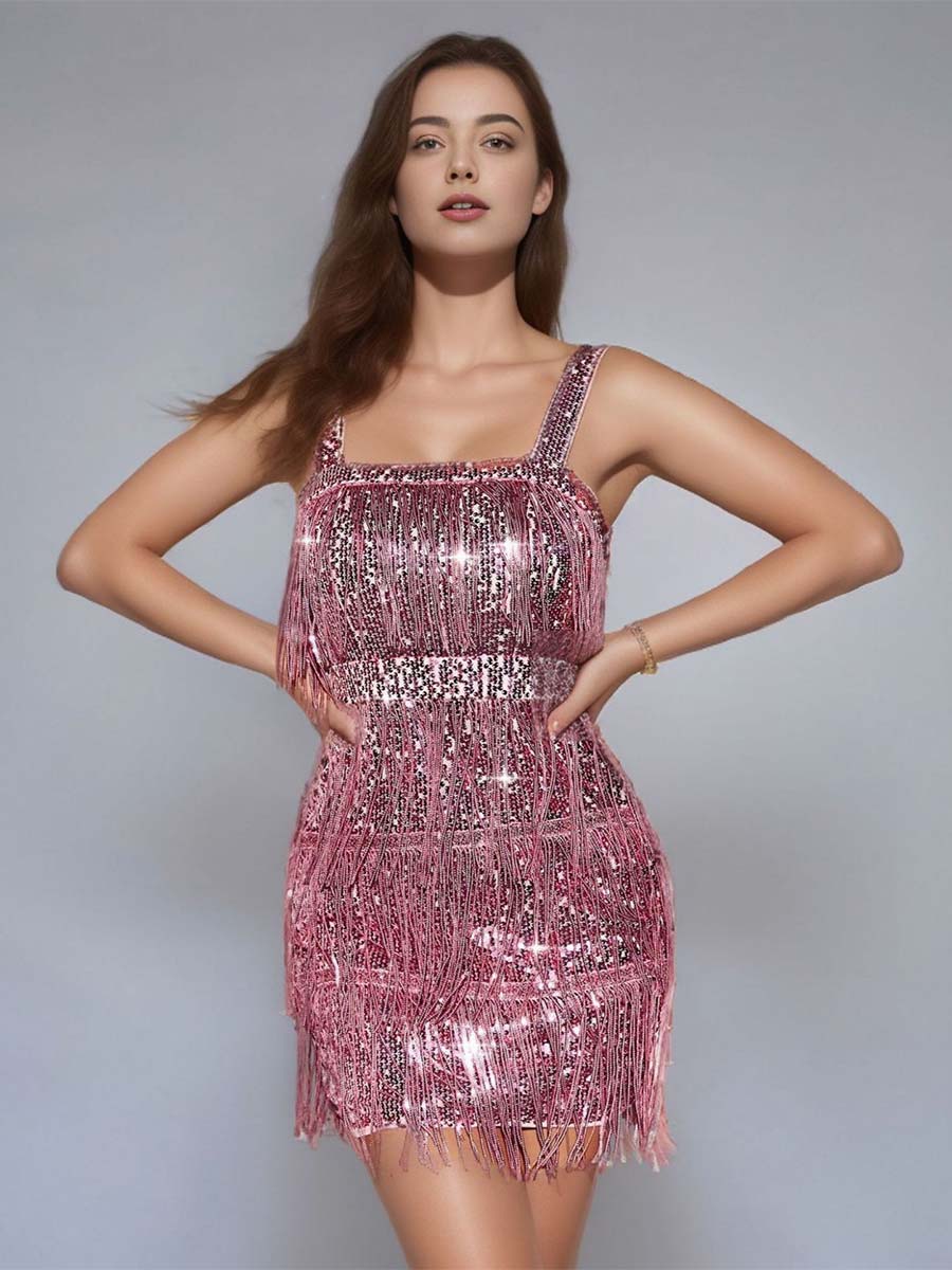 Pink Solid Color Sequin Fringe Spaghetti Strap Party Dress