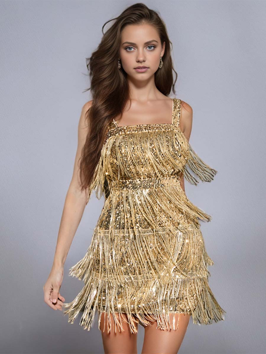 Golden Solid Color Sequin Fringe Spaghetti Strap Party Dress