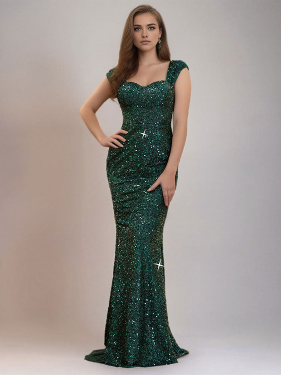 Green Mermaid Sequin V-Neck Spaghetti Strap High-Waist Gown