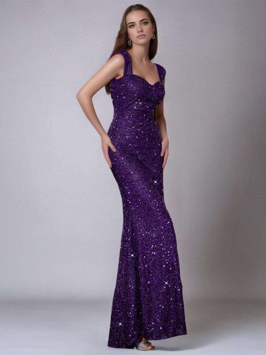 Purple Mermaid Sequin V-Neck Spaghetti Strap High-Waist Gown