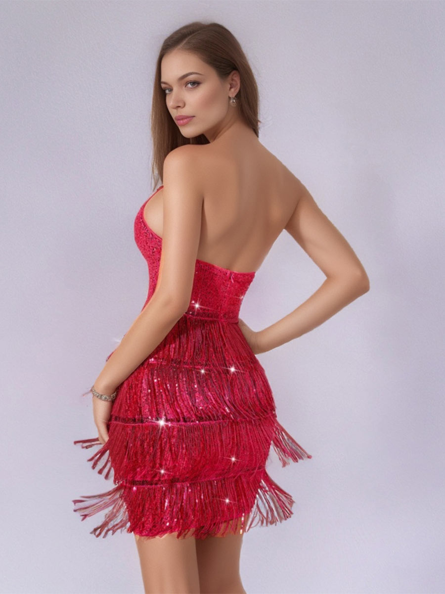 Rose Red Solid Halter Backless Sequin Fringe Cocktail Mini Dress