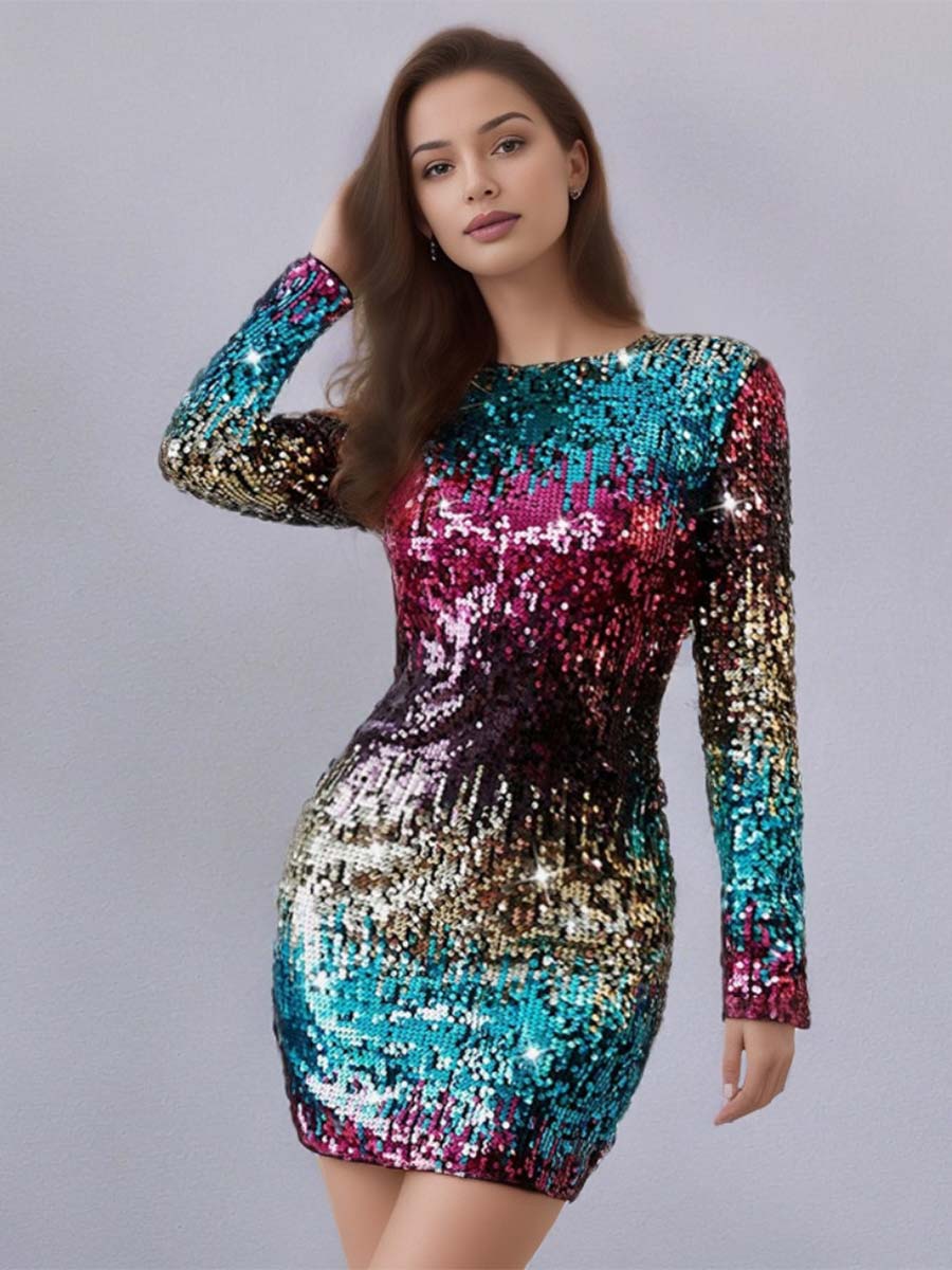 Blue Red Ombre Sequin Long Sleeve Party Mini Dress
