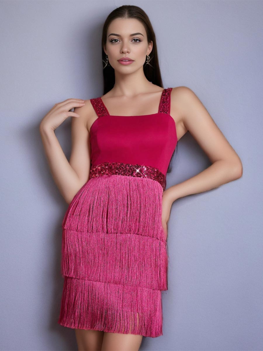 Sparkling Sequin Colorblock Slip Dress with Fringe