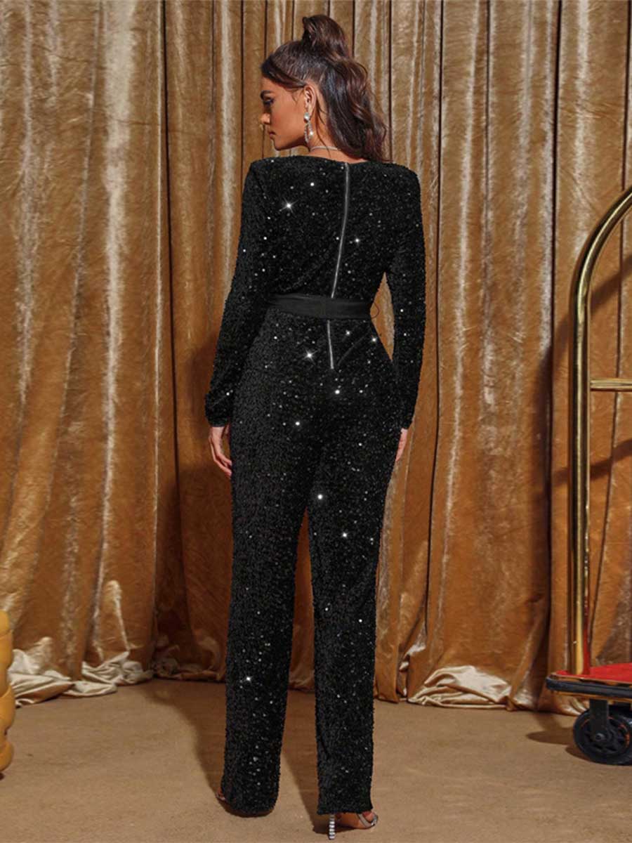 Jumpsuit with Sequin Long Sleeves, Tie-Waist, and Bow Detail