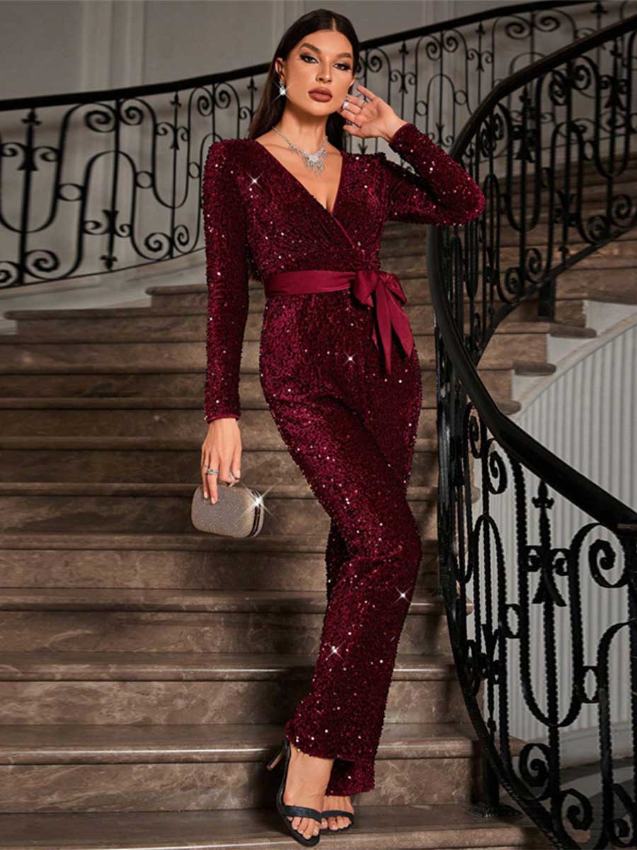 Elegant Sequin Long Sleeve Jumpsuit with Tie-Waist and Bow Accent