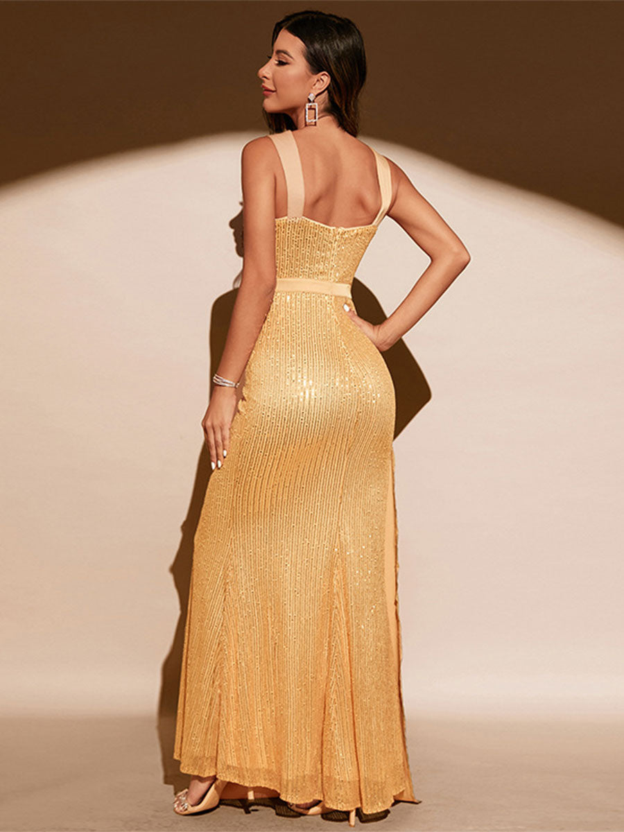Sequin Gold Mermaid Gown with Waist Cape and Front Slit